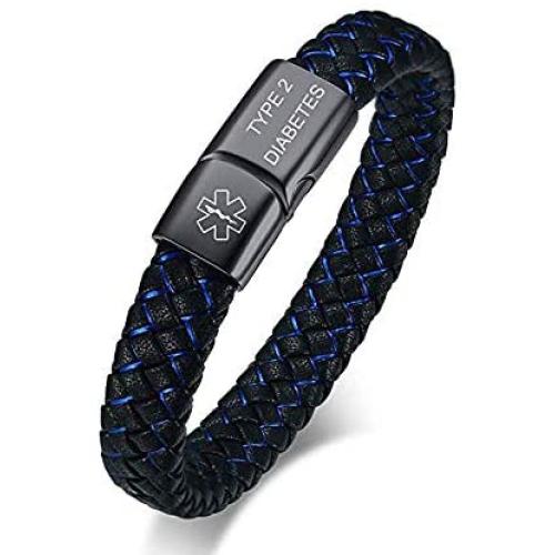 VNOX Blue Braided Leather Medical Symbol Caduceus with Magnetic Clasp Cuff Wristband Bracelet,7.4/8.0/9.0''