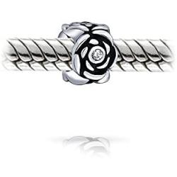 Pink Black Flower Rose Spacer Charm Bead For Women Wife Teen Girlfriend Oxidized .925 Sterling Silver For European Bracelet