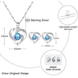Ccino Silver Jewelry Set for Women, 925 Sterling Silver Stud Earrings, Silver Love Pendant Necklace with White/Purple/Blue Cubic Zirconia for Girlfriend Mother, Best Gift, Come with Jewelry Box