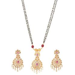 TARINIKA Mandin Gold-Plated Necklace and Earrings Set with Black Beads - Center Red