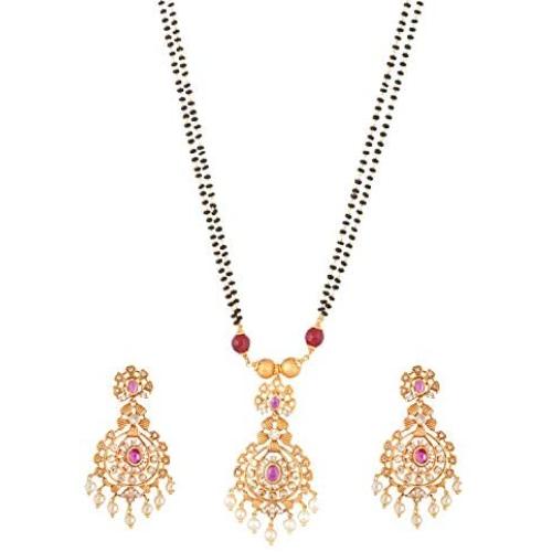 TARINIKA Mandin Gold-Plated Necklace and Earrings Set with Black Beads - Center Red