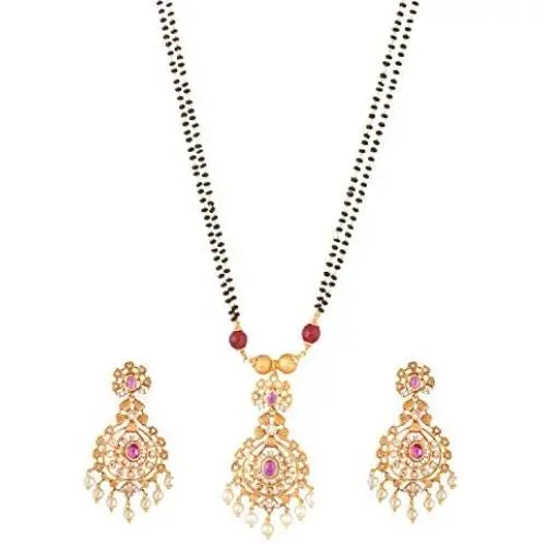 TARINIKA Mandin Gold-Plated Necklace and Earrings Set with Black Beads - Center Red TARINIKA Mandin Gold-Plated Necklace and Earrings Set with Black Beads - Center Red