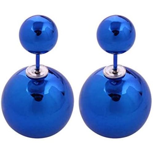 925 Sterling Silver Plated Double-sided Blue Shining Glossy Two Balls piercing Stud Post Earrings