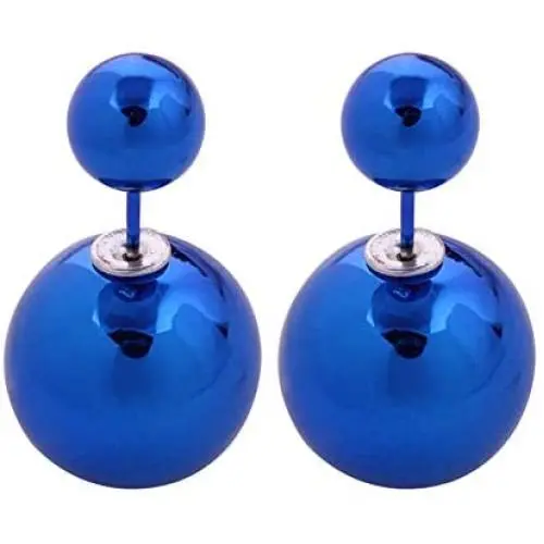 925 Sterling Silver Plated Double-sided Blue Shining Glossy Two Balls piercing Stud Post Earrings