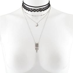 LUX ACCESSORIES Black Lace Choker Gold Tone Moon Dream Catcher Layered Necklace