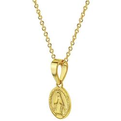 In Season Jewelry 18k Gold Plated Oval Small Miraculous Virgin Mary Medal Necklace Pendant Girls 18''