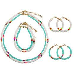 Heishi Surfer Necklace Bracelet Earrings Set, African Vinyl Disc Bead Choker Necklace Bracelet Hoop Earring, Summer Fashion Jewelry for Women, Girls