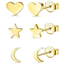 LOYALLOOK 3 Pairs 925 Sterling Silver Stud Earrings Tiny Moon Star Heart Plain Silver Stud Earrings Set for Women