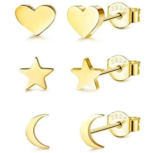 LOYALLOOK 3 Pairs 925 Sterling Silver Stud Earrings Tiny Moon Star Heart Plain Silver Stud Earrings Set for Women
