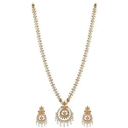 Tarinika Indian Traditional Nakshatra CZ Long Necklace set for women and Girl - White Red Green Tarinika Indian Traditional Nakshatra CZ Long Necklace set for women and Girl - White Red Green