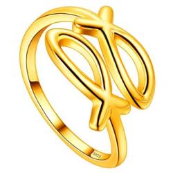 Adjustable Deer Antler Ring Christian Fish Ring 925 Sterling Silver 18K Gold Plated Jesuse Fish Ichthus Ring for Women Girls Amulet Ring Wedding Ring Jewelry Gift