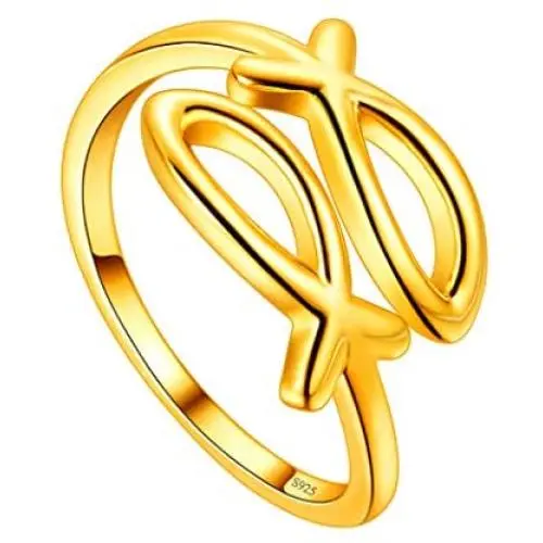 Adjustable Deer Antler Ring Christian Fish Ring 925 Sterling Silver 18K Gold Plated Jesuse Fish Ichthus Ring for Women Girls Amulet Ring Wedding Ring Jewelry Gift