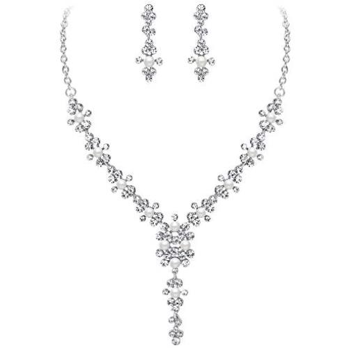 EVER FAITH Ivory Color Simulated Pearl Austrian Crystal Wedding Flower Necklace Earrings Set Clear