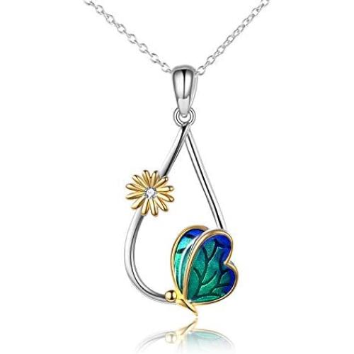 POPLYKE Butterfly Necklace for Women Sterling Silver Gold Plated Sunflower Teardrop Necklace Jewelry Gifts for Girls