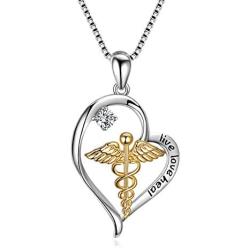 YFN 925 Sterling Silver Caduceus Angel Nursing Themed Pendant Necklace 18''