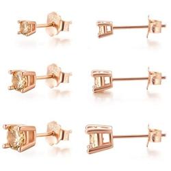 Rose Gold Stud Earrings for Women Men Girls- 3 Pairs of Hypoallergenic Sterling Silver Small Cubic Zirconia Earrings Set