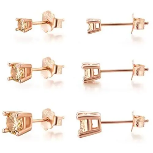 Rose Gold Stud Earrings for Women Men Girls- 3 Pairs of Hypoallergenic Sterling Silver Small Cubic Zirconia Earrings Set