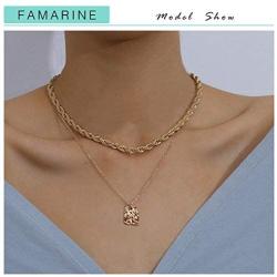 FAMARINE Gold Choker Layered Necklace for Women 4MM, Fashion Geometric Pandent 2 Layered Necklaces for Teen Girls Gift, 18K Gold Plated