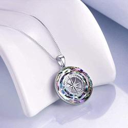 AOBOCO Compass Necklace Sterling Silver Circle Pendant Necklace with Color-changed Crystal, Birthday Graduation Jewelry Gift for Women Men Girls