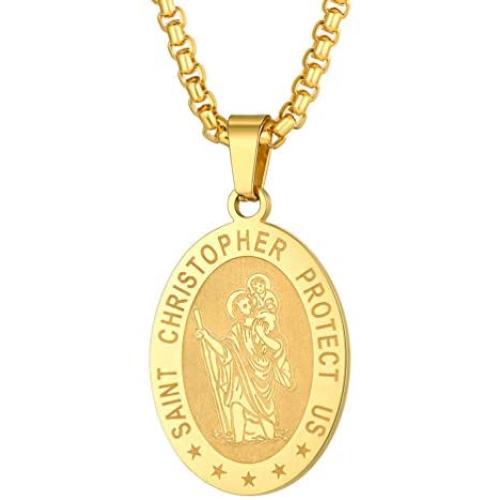 PROSTEEL Stainless Steel Saint Christopher Necklace for Men Women, 22''-24'' Adjustable, Black/18K Gold Plated, Patron Saint of Travellers, Come Gift Box