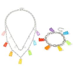 Gummy Bear Necklace Bracelet Set Colorful Transparent Resin Bear Cartoon Cute Candy Multicolor Necklace for Women Girls Lovely Jewelry