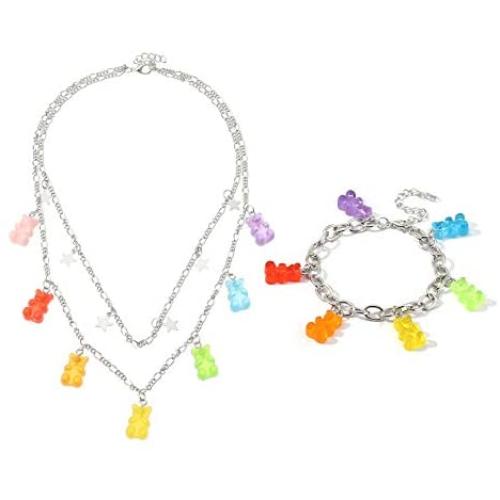 Gummy Bear Necklace Bracelet Set Colorful Transparent Resin Bear Cartoon Cute Candy Multicolor Necklace for Women Girls Lovely Jewelry