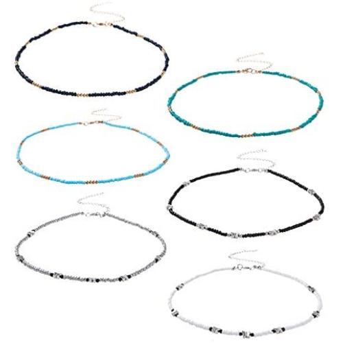 Colorful Beaded Choker Necklace, 6PC Bohemian Seed Beaded Necklaces, Adjustable Bead Necklace, Fashion Jewelry for Women and Girls