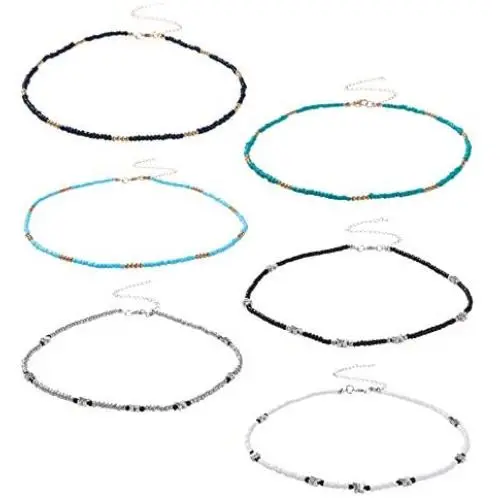 Colorful Beaded Choker Necklace, 6PC Bohemian Seed Beaded Necklaces, Adjustable Bead Necklace, Fashion Jewelry for Women and Girls