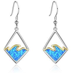 YAFEINI Wave Earrings Sterling Silver Ocean Wave Earrings Created Opal Dangle Drop Earring Ocean Jewelry Beach Gifts for Women