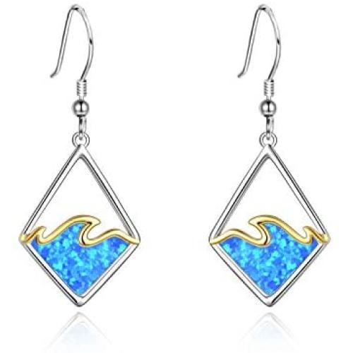 YAFEINI Wave Earrings Sterling Silver Ocean Wave Earrings Created Opal Dangle Drop Earring Ocean Jewelry Beach Gifts for Women