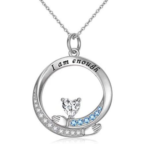 JZMSJF 925 Sterling Silver Inspired Engraved I Am Enough Necklace Circle Pendant Share Hug Inspirational Jewelry for Women Girls Teens