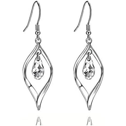 18K Gold-Plated 925 Sterling Silver Swarovski Crystal Twist Leaf Fashion Dangle Earrings for Women