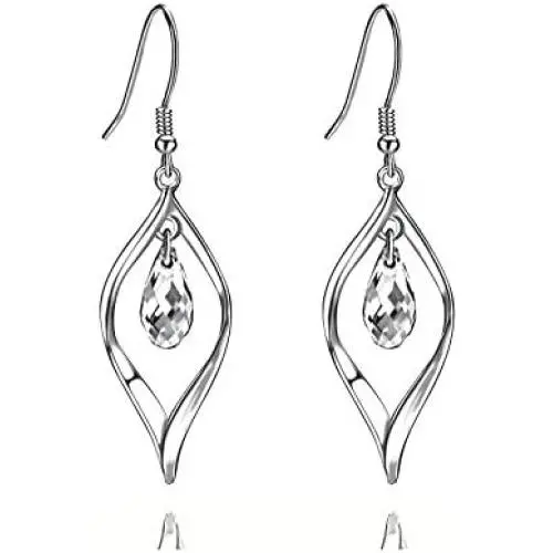 18K Gold-Plated 925 Sterling Silver Swarovski Crystal Twist Leaf Fashion Dangle Earrings for Women