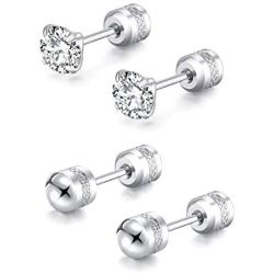 2 Pairs Stud Earrings Set,Hypoallergenic Double Round Cubic Zirconia 316L Stainless Steel Screw back Earrings for Men,Women,Boys & Girls