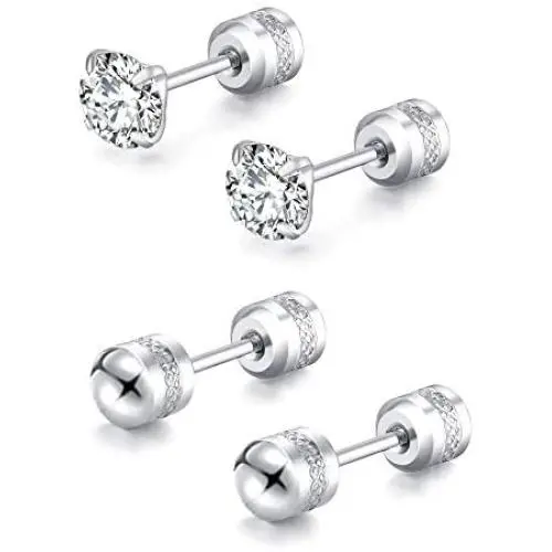 2 Pairs Stud Earrings Set,Hypoallergenic Double Round Cubic Zirconia 316L Stainless Steel Screw back Earrings for Men,Women,Boys & Girls 2 Pairs Stud Earrings Set,Hypoallergenic Double Round Cubic Zirconia 316L Stainless Steel Screw back Earrings for Men,Women,Boys & Girls