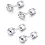 2 Pairs Stud Earrings Set,Hypoallergenic Double Round Cubic Zirconia 316L Stainless Steel Screw back Earrings for Men,Women,Boys & Girls