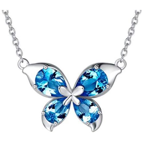 FANCIME Sterling Silver Butterfly Necklace September Birthstone Blue Cubic Zirconia Created Sapphire Dainty Pendant Fine Jewelry for Women Girls 16''+2''