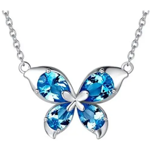 FANCIME Sterling Silver Butterfly Necklace September Birthstone Blue Cubic Zirconia Created Sapphire Dainty Pendant Fine Jewelry for Women Girls 16''+2''