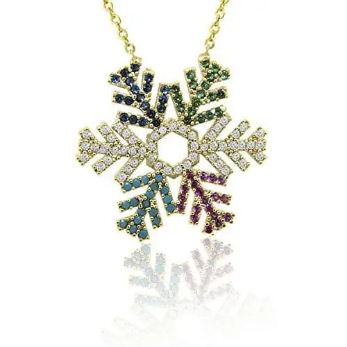 Dahi Shop Snowflake Necklace Delivered in Gift Box 16'' Gold-Tone Chain+2'' Extender Multi Color Winter Theme Modern Fashion Gemstone Handmade Jewelry