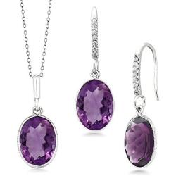 Gem Stone King 925 Sterling Silver Purple Amethyst Pendant and Earrings Set (15.00 Ct, 10X14MM Oval with 18 Inch Silver Chain)