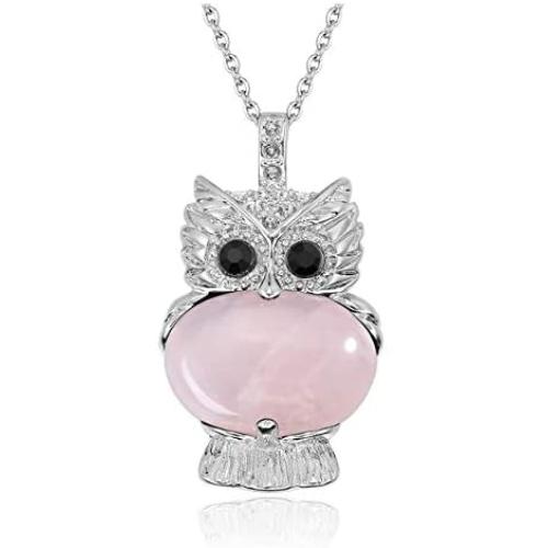 Top Plaza Owl Necklaces Rose Quartz Healing Crystal Stone Pendant Necklace Reiki Spiritual Energy Gemstone Quartz Jewelry Owl Gift for Women Girls