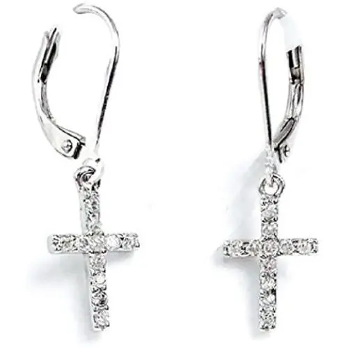 925 Solid Sterling Silver Cubic Zirconia Dangling Cross Leverback Earrings–Small CZ Dangle Cross Jewelry