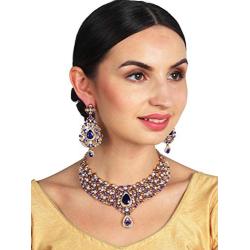 Crunchy Fashion Indian Bollywood Traditional Floral Theme White Rhinestone and Blue Faux Sapphire Bridal Designer Jewelry Necklace Set for Women / Girls