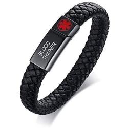 VNOX Custom Engraving Medical Alert Emergency Jewelry-Black Braided Leather Medical Symbol Caduceus with Magnetic Clasp Cuff Wristband Bracelet,8.2''