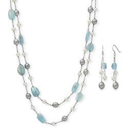 Belacqua Natural Aquamarine & Cultured Freshwater Pearl Layered Station Chain Necklace