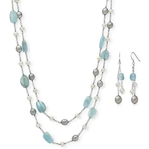 Belacqua Natural Aquamarine & Cultured Freshwater Pearl Layered Station Chain Necklace Belacqua Natural Aquamarine & Cultured Freshwater Pearl Layered Station Chain Necklace