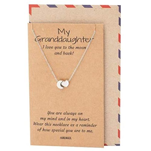 Quan Jewelry Granddaughter Necklace, Moon and Heart Pendant Necklace for Her, Inspirational Jewelry Birthday Gifts for Women with Greeting Card