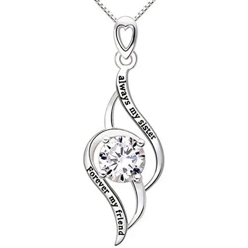 ALOV Jewelry Sterling Silver Always My Sister Forever My Friend Love Cubic Zirconia Pendant Necklace ALOV Jewelry Sterling Silver Always My Sister Forever My Friend Love Cubic Zirconia Pendant Necklace