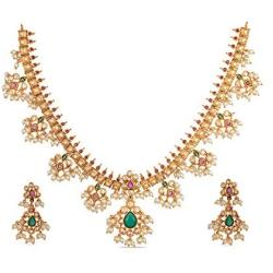 Tarinika Premal Antique Gold-Plated Indian Jewelry Set with Necklace and Earrings - White Red Green