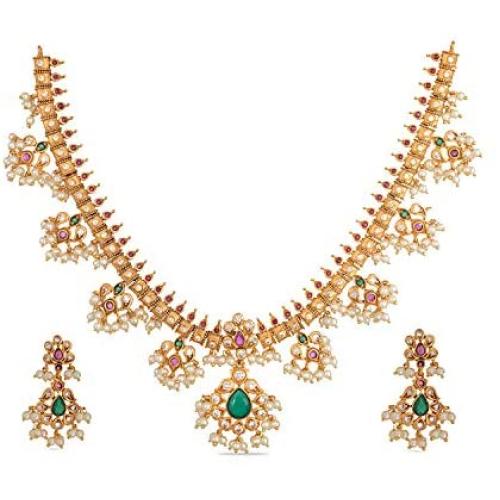 Tarinika Premal Antique Gold-Plated Indian Jewelry Set with Necklace and Earrings - White Red Green